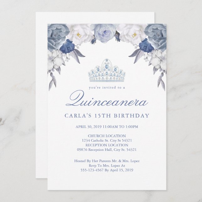 Blue and White Floral | Quinceanera Invitations (Front/Back)
