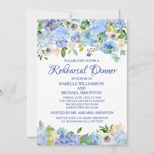 Blue and White Floral Rehearsal Dinner Invitation (Front)