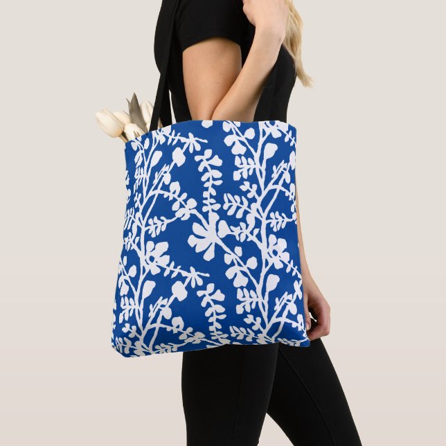Blue And White Floral Repeating Pattern Tote Bag (Close Up)