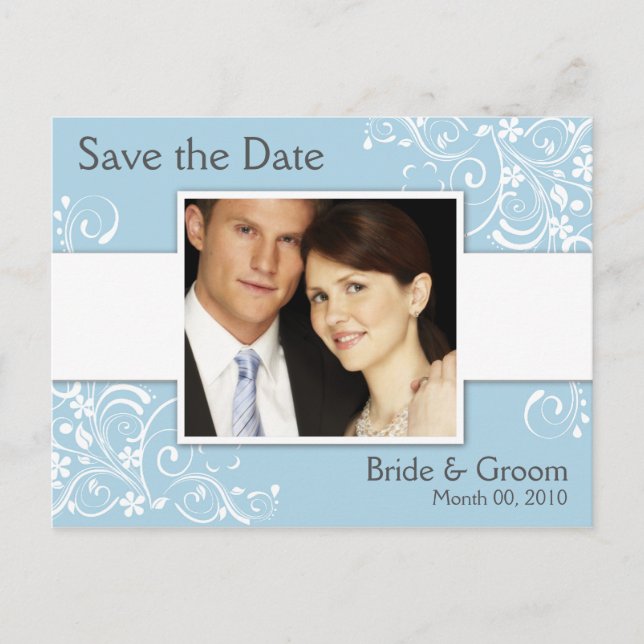 Blue and White Floral Save the Date Photo Postcard (Front)