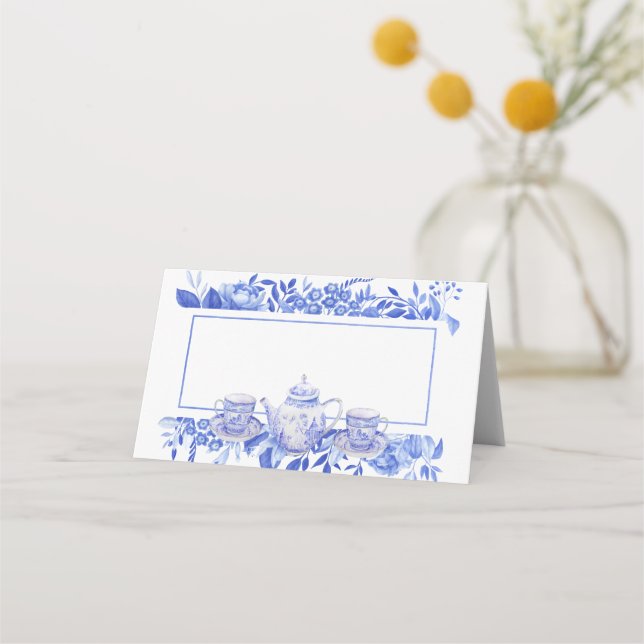 Blue and White Floral Tea Pot and Tea Cups Place Card (Back)