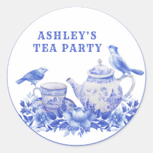 Blue and White Floral Tea Pot with Birds Classic Round Sticker