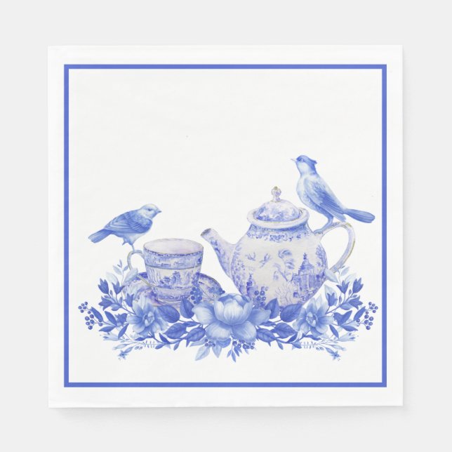 Blue and White Floral  Tea Pot with Birds Napkin (Front)