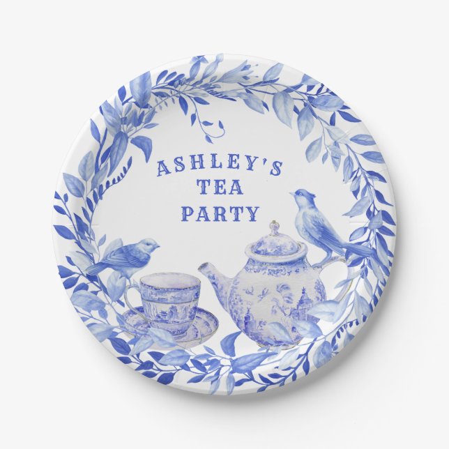 Blue and White Floral Tea Pot with Birds  Paper Plate (Front)