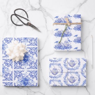 Blue and White Floral Tea Pot with Birds Wrapping Paper Sheet