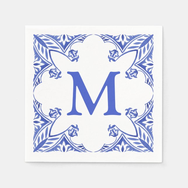 Blue and White Floral Tile Monogram Napkins (Front)