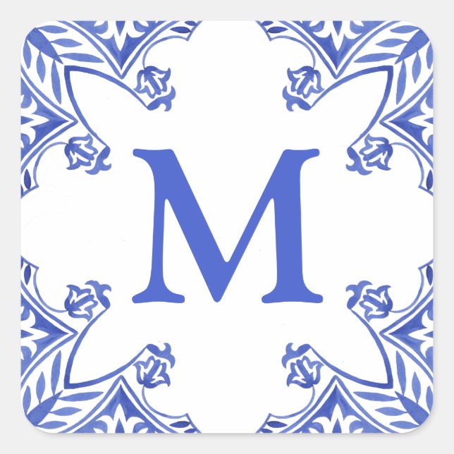 Blue and White Floral Tile Monogram Square Sticker (Front)