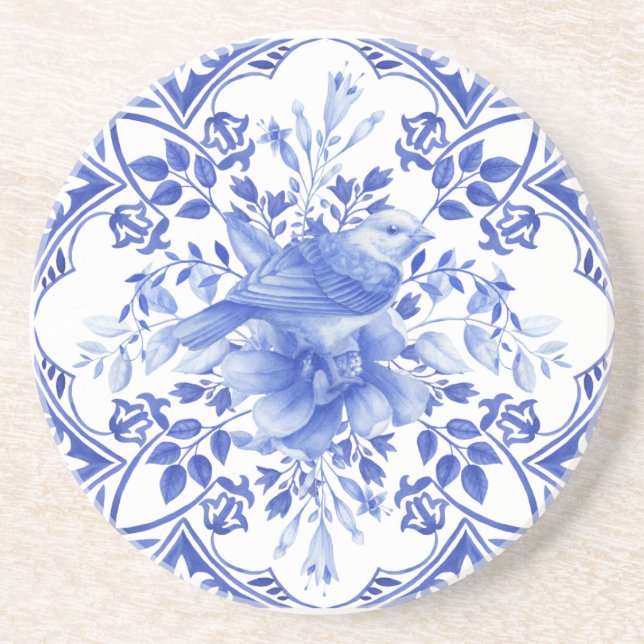 Blue and White Floral Tile with Bird Coaster (Front)