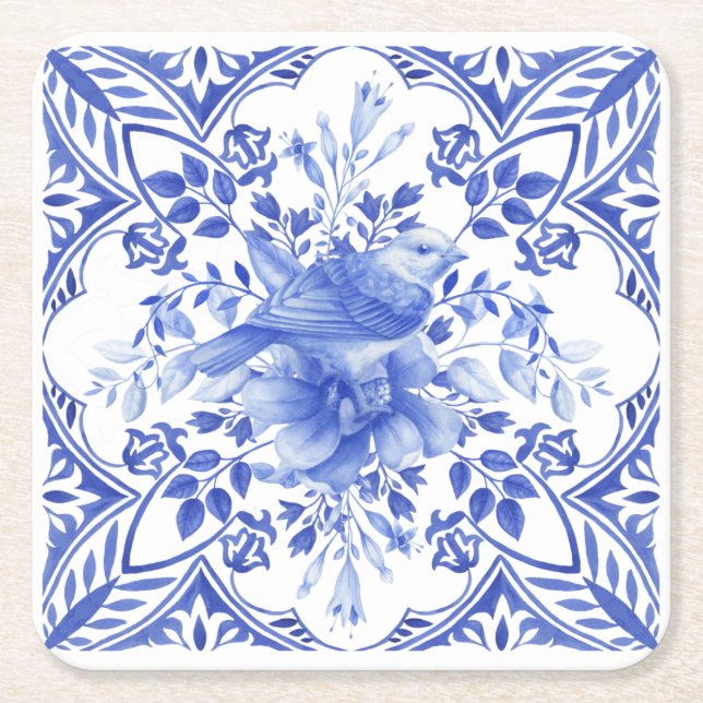 Blue and White Floral Tile with Bird Square Paper Coaster (Front)