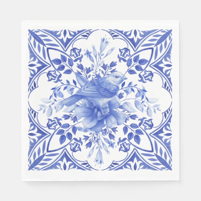 Blue and White Floral Tile with Birds Napkins (Front)