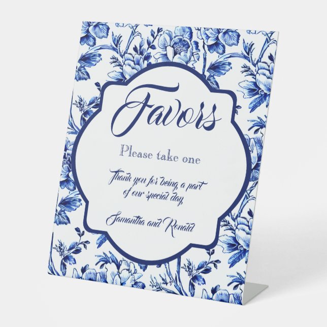 Blue and White Floral Toile Favours Tabletop Pedestal Sign (Front)
