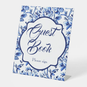 Blue and White Floral Toile Guest Book Tabletop Pedestal Sign