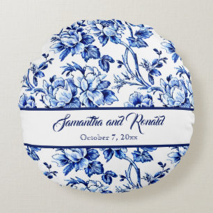 Blue and White Floral Toile Wedding Round Cushion