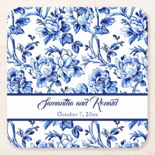 Blue and White Floral Toile Wedding Square Paper Coaster