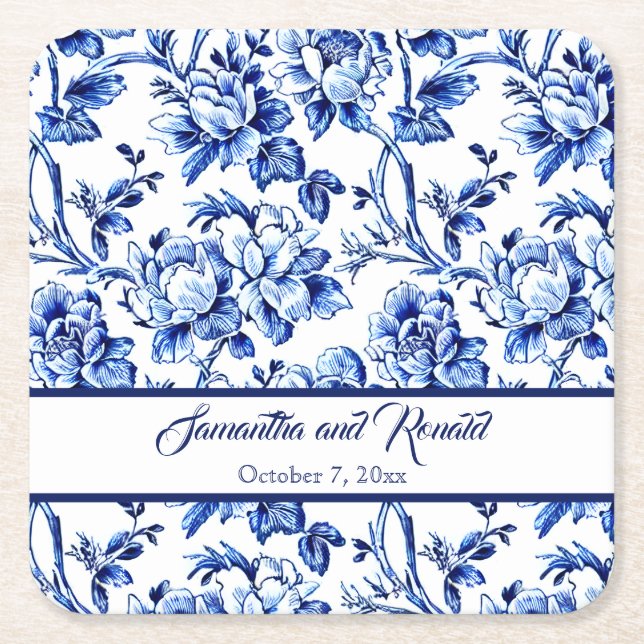 Blue and White Floral Toile Wedding Square Paper Coaster (Front)