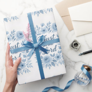 Blue and White Floral Uplifting Script Faith Wrapping Paper
