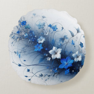 Blue and White Floral Vine  Round Cushion