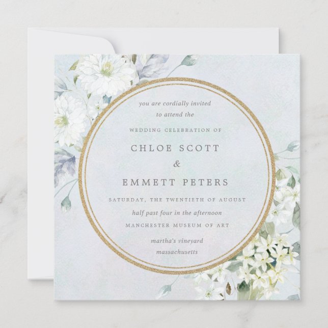 Blue and White Floral Watercolor Wedding Invitation (Front)