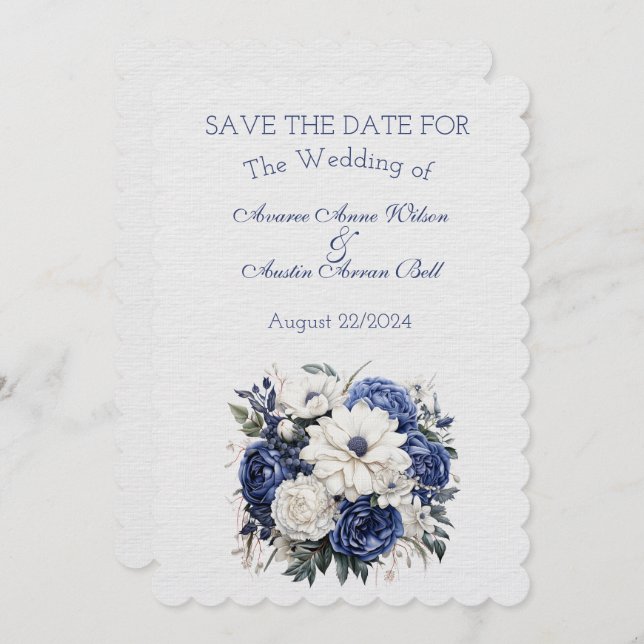Blue and White Floral Wedding Bouquet  Save The Date (Front/Back)
