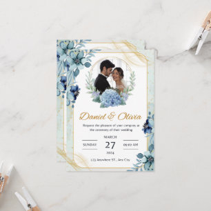 Blue and White Floral Wedding Invitation