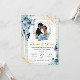 Blue and White Floral Wedding Invitation