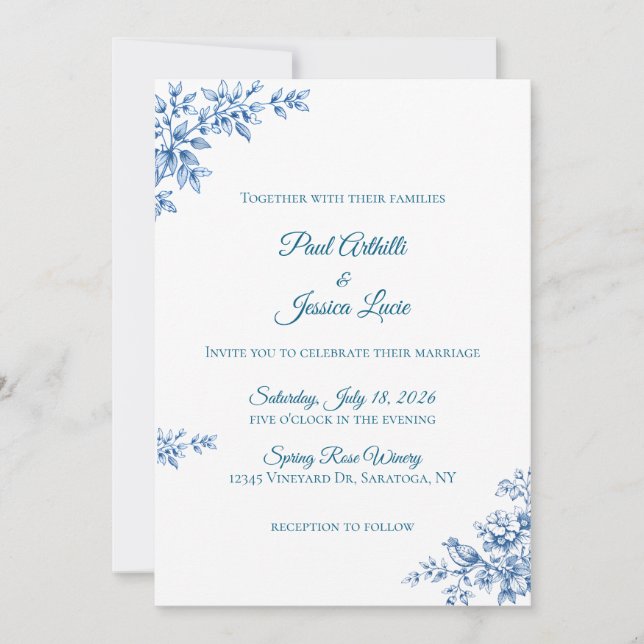 Blue and White Floral Wedding Invitation (Front)