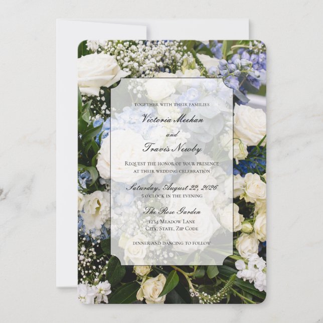 blue and white floral wedding invitation (Front)