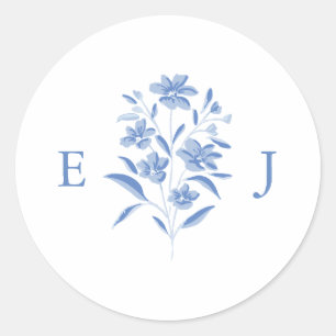 Blue and White Floral Wedding Monogram Sticker