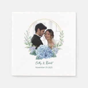 Blue and White Floral Wedding Photo Napkins