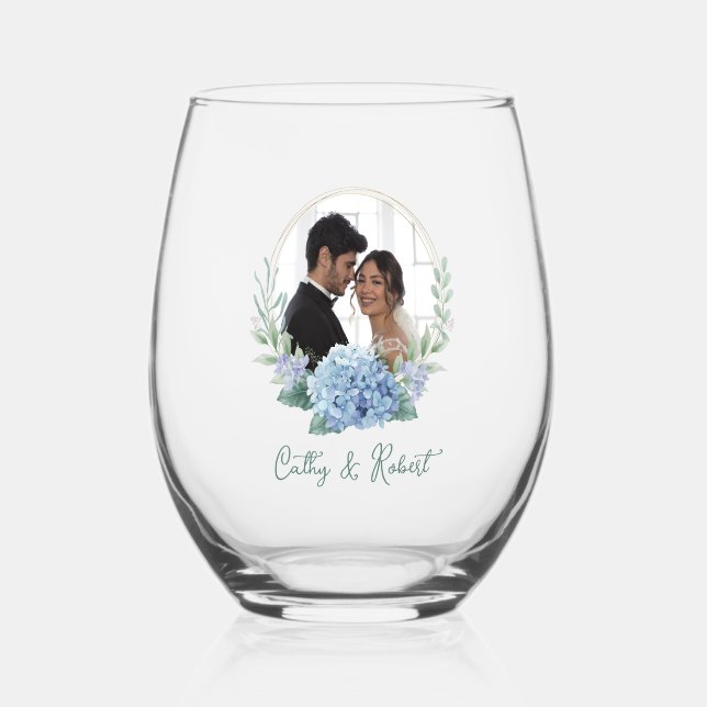 Blue and White Floral Wedding Photo  Stemless Wine Glass (Front)