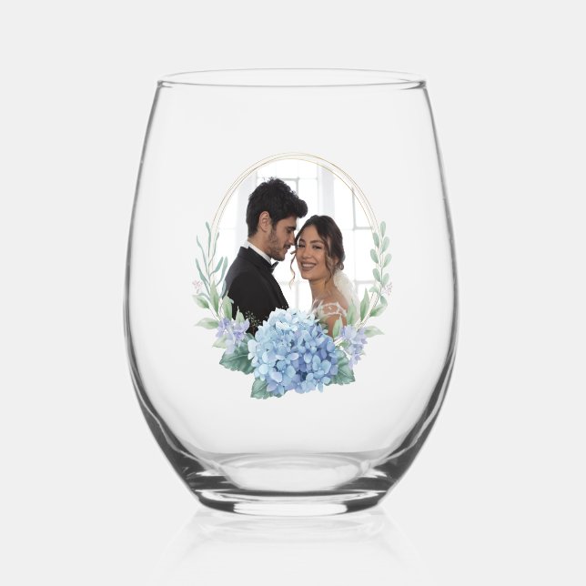Blue and White Floral Wedding Photo  Stemless Wine Glass (Front)