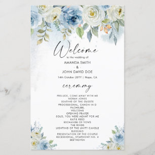 Blue and White Floral Wedding Program Card