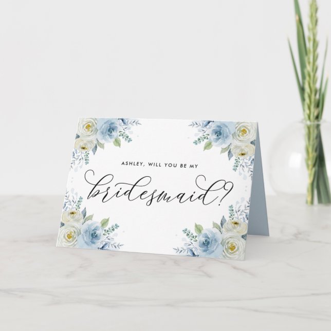 Blue and White Floral Will You Be My Bridesmaid Thank You Card (Front)