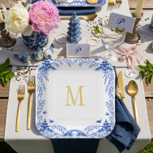 Blue and White Floral Willow Tile Monogram Paper Plate