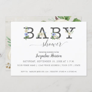 Blue and White Florals Rustic   Boy Baby Shower Invitation
