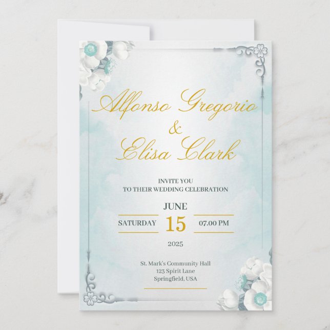 Blue and White Flower Beauty Wedding Invitation (Front)