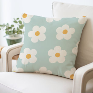 Blue and White Flower Pattern Daisy Throw Pillow