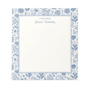 Blue and White Flower Toile Pattern Personalized Notepad