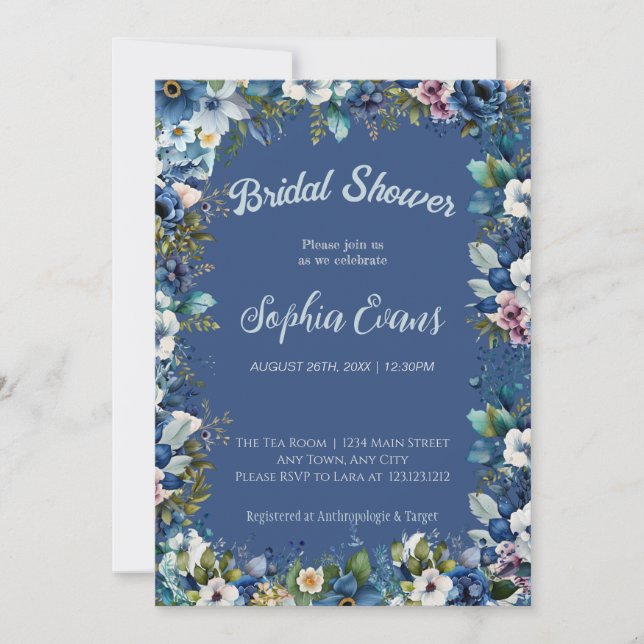 Blue and White Flowers Blue Bridal Shower Invitation (Front)