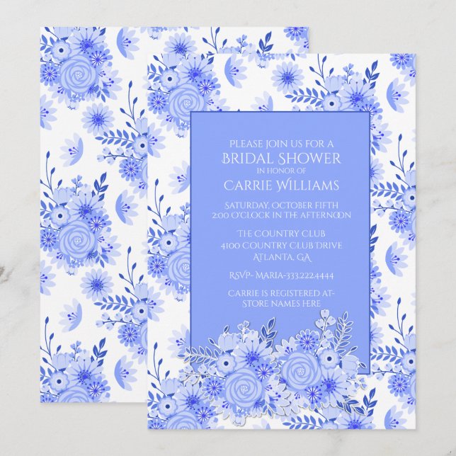 Blue and White Flowers Bridal Shower Invitation (Front/Back)