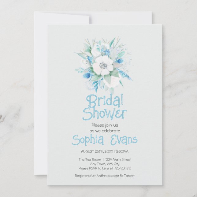 Blue and White Flowers Grey Bridal Shower Invitation (Front)