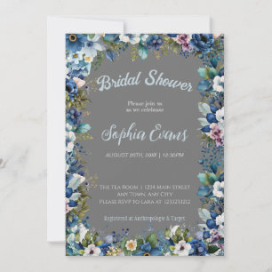 Blue and White Flowers Grey Bridal Shower Invitation