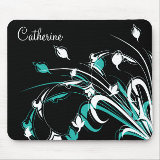 Blue and White Flowers on Black Mouse Pad