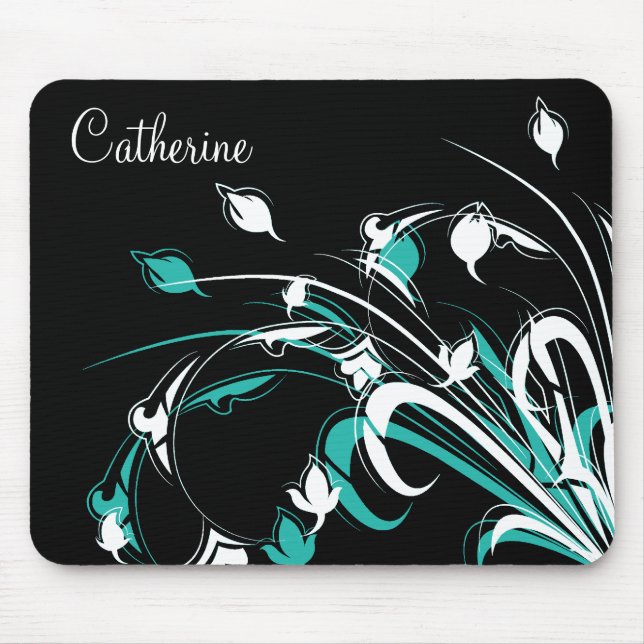 Blue and White Flowers on Black Mouse Pad (Front)