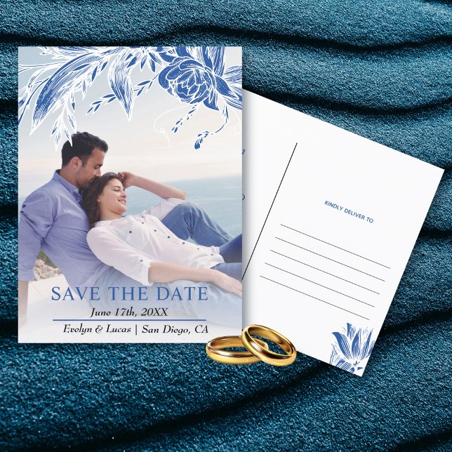 Blue and white flowers photo Save the Date Postcard (Creator Uploaded)