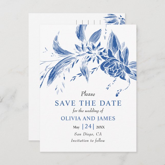 Blue and white flowers Save the Date Postcard (Front/Back)