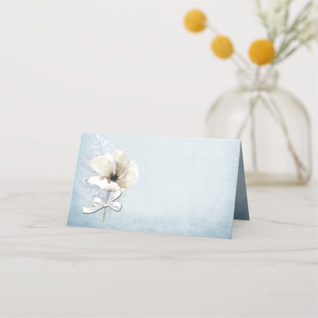 Blue and White Flowers Wedding Folded Place Card (Front)