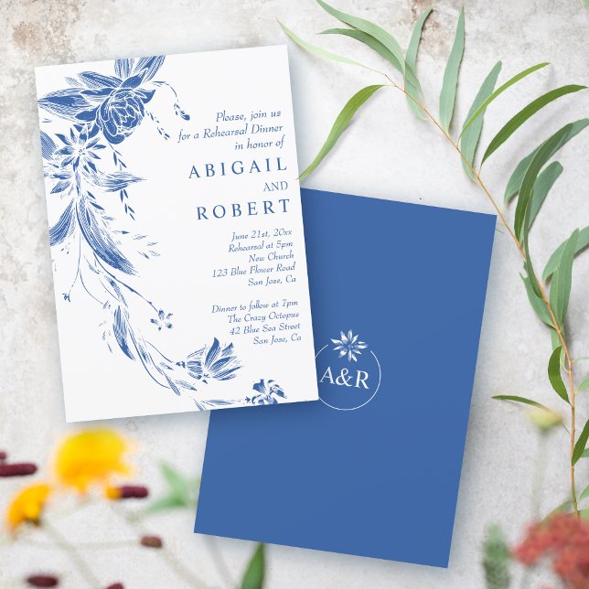 Blue and white flowers wedding Rehearsal Dinner Invitation (Creator Uploaded)