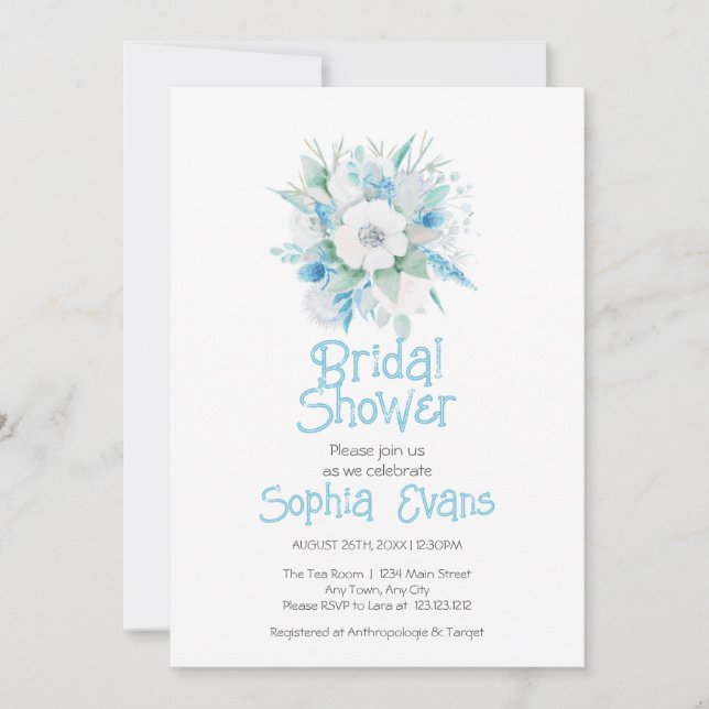 Blue and White Flowers White Bridal Shower Invitation (Front)