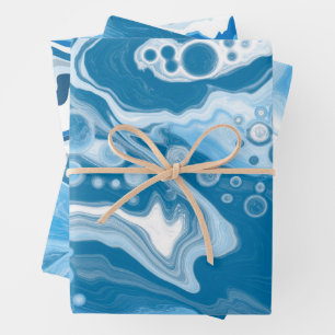 Blue and White Fluid Art Marble Wrapping Paper Sheet